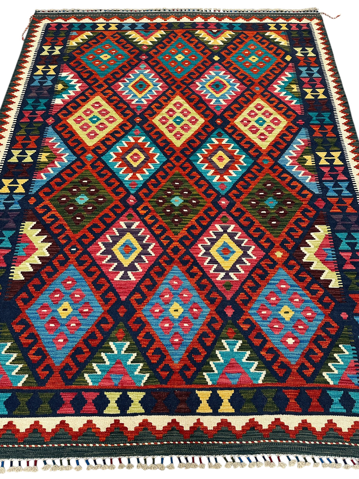 Afghan Kilim Rug 6x8, Rust, Navy & Teal, Hand-Woven Wool Flatweave, view 2