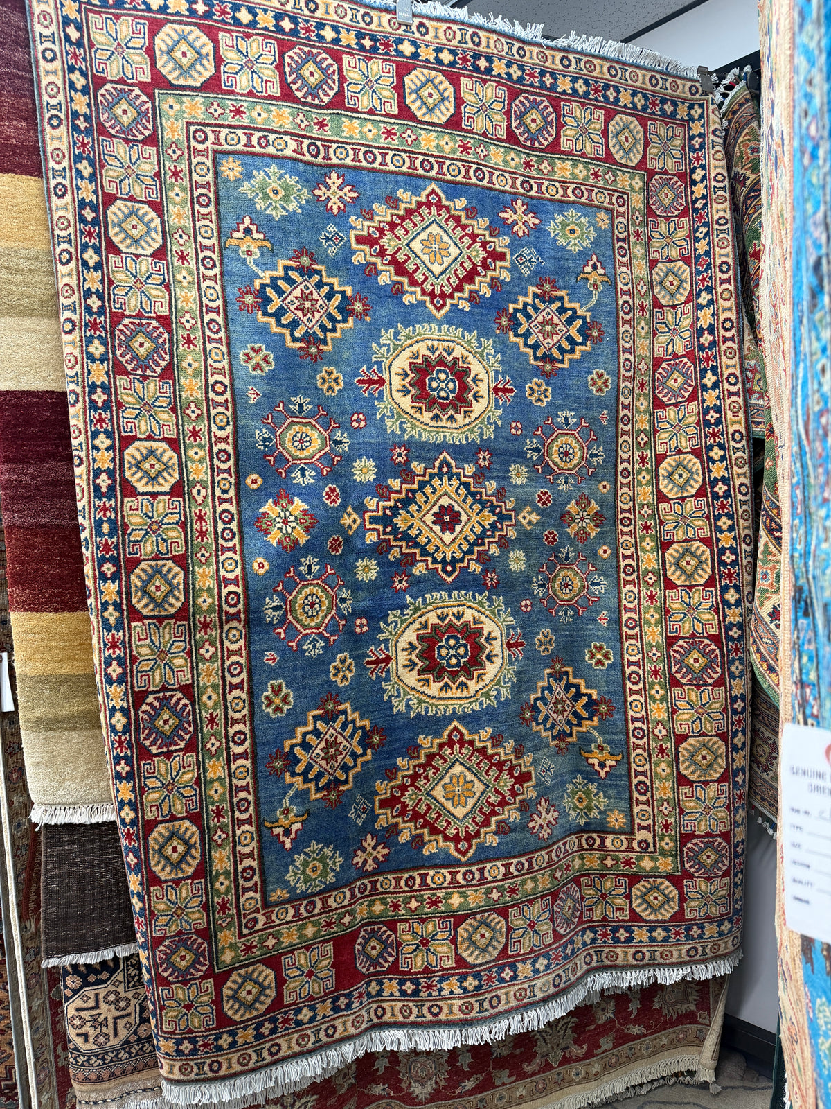 Afghan Kazak Rug 5'6" x 7'7", Hand-Knotted Wool, Blue, Red & Beige