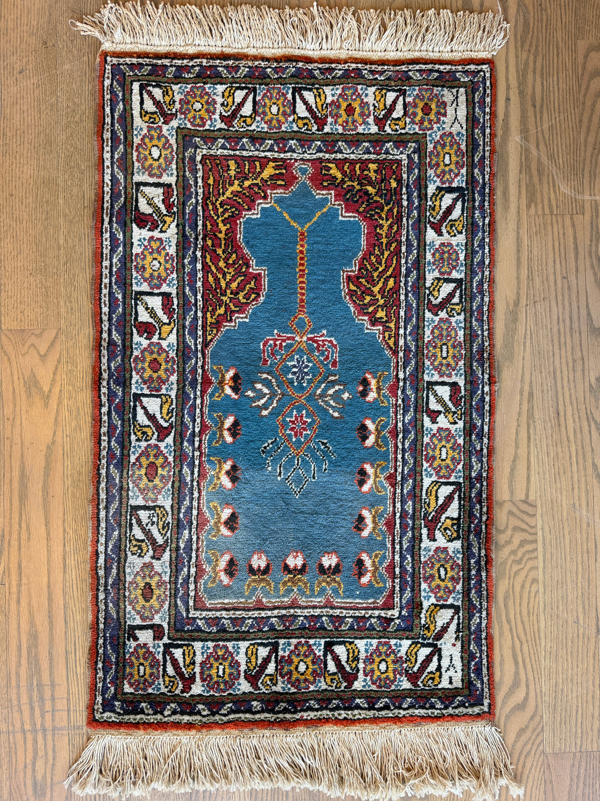 Turkish Kayseri Prayer Rug 2x2 | Blue, Ivory & Rust | Hand-Knotted Silk