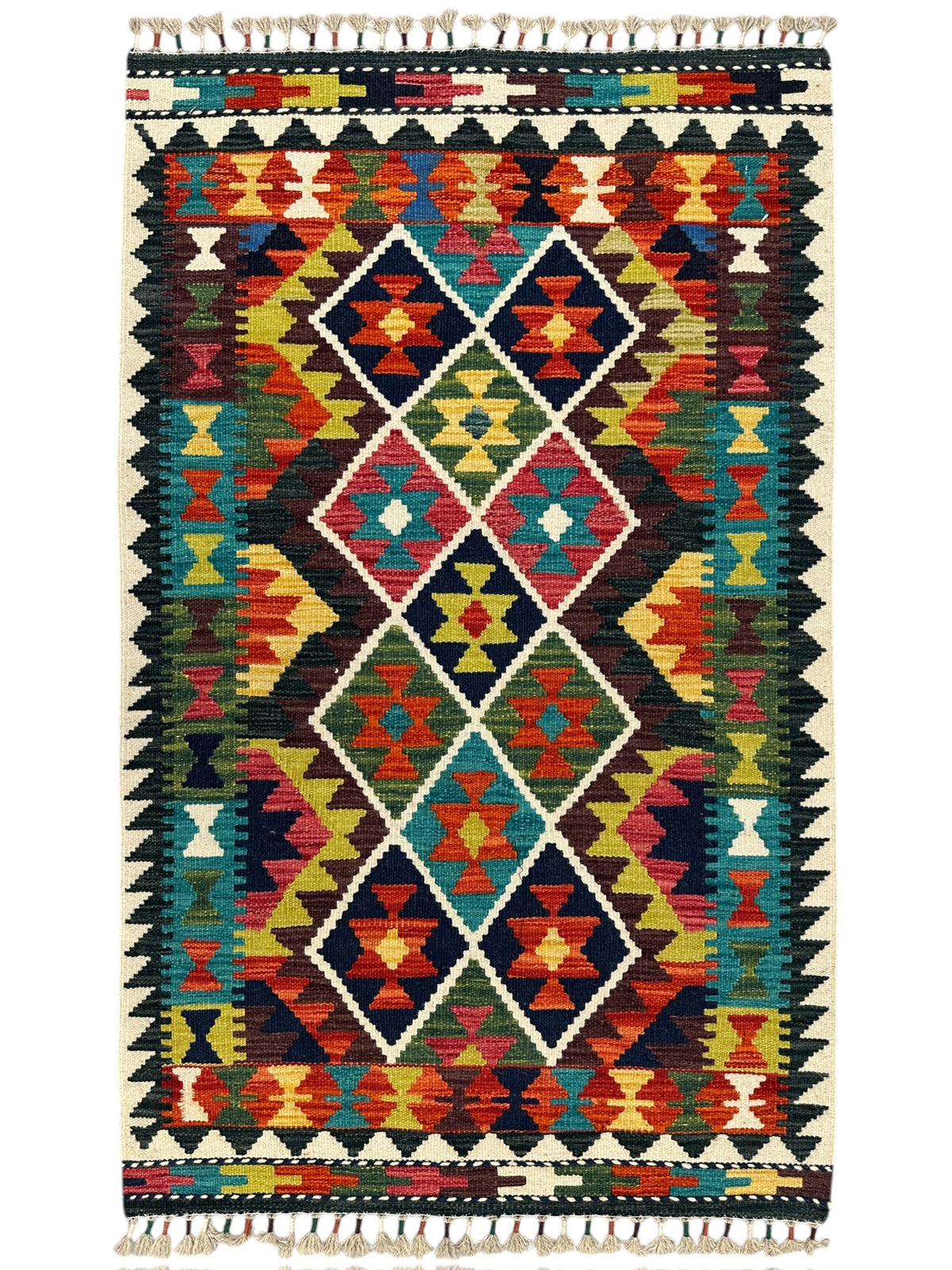 Afghan Kilim Rug 3x4, Black, Teal & Rust, Hand-Woven Wool Flatweave