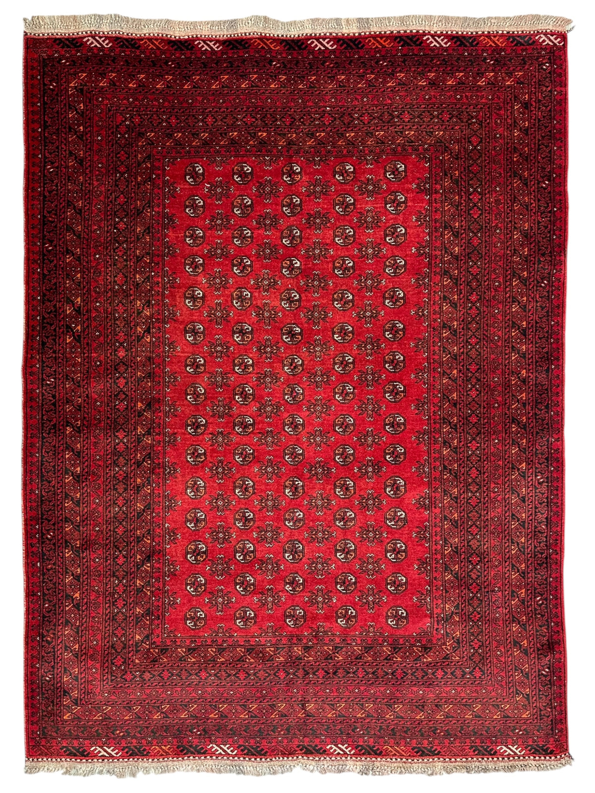 Afghan Turkmen Gul Rug 7x9, Red, Burgundy, Navy & Ivory, Hand-Knotted Wool