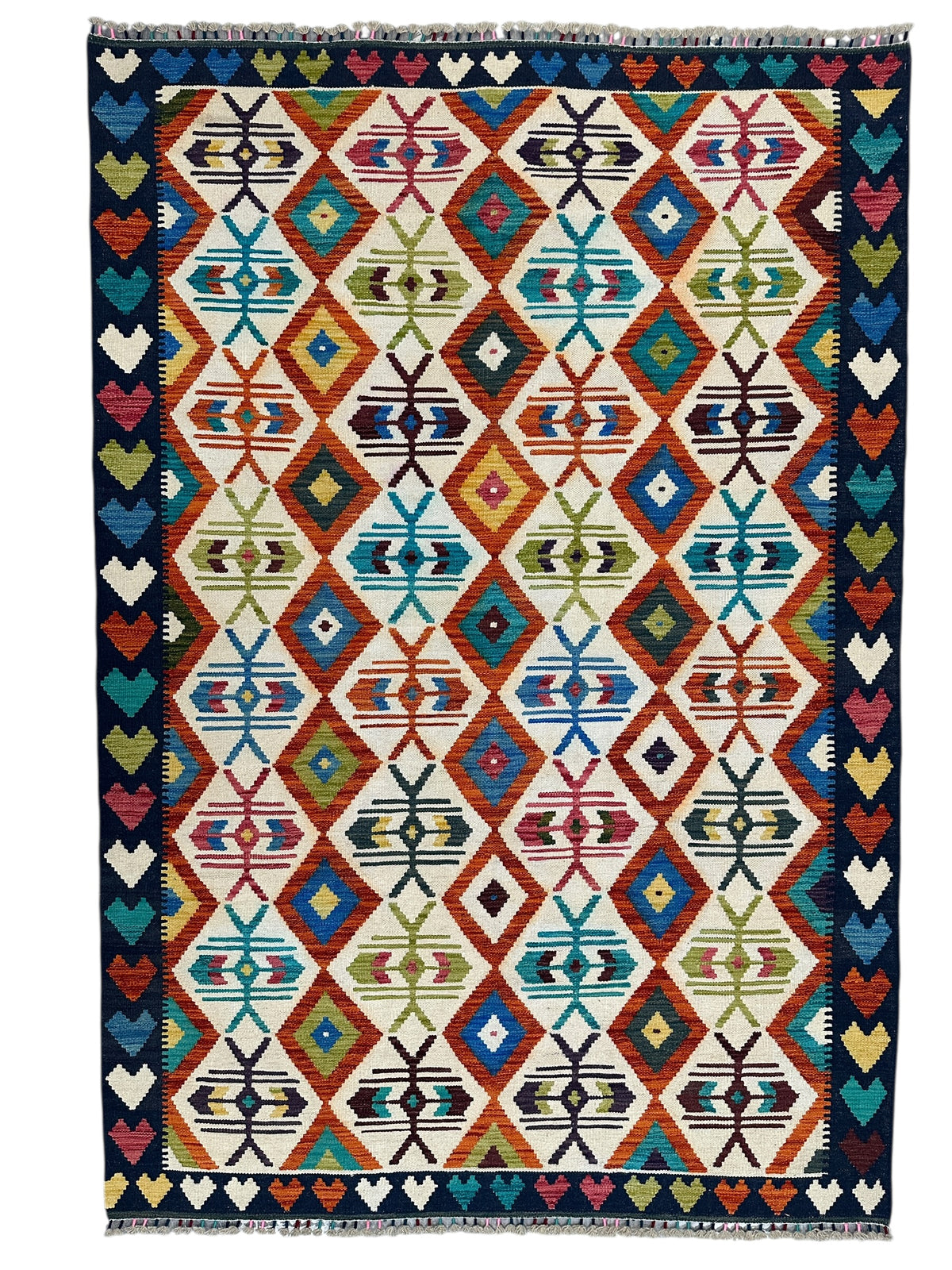 Afghan Kilim Rug 6x8, Ivory, Rust & Navy, Diamond Lattice Wool Flatweave