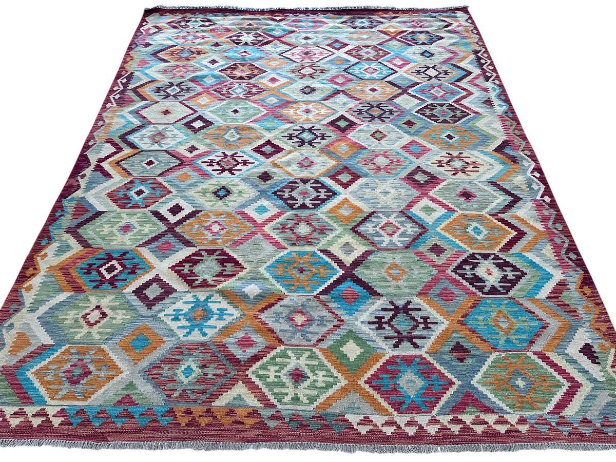 Afghan Kilim Rug 8x10, Gray, Pink & Blue, Hand-Woven Wool Flatweave