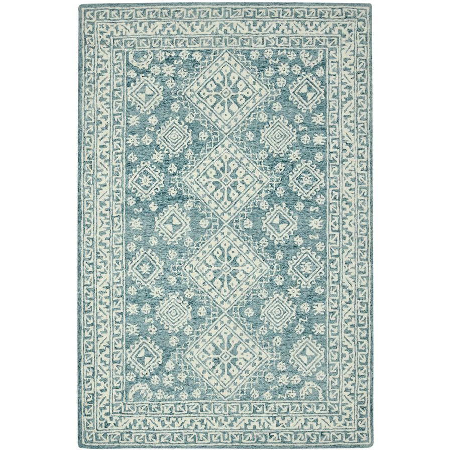 Indian Rug 8x11, Teal & Ivory, Hand-Tufted Wool
