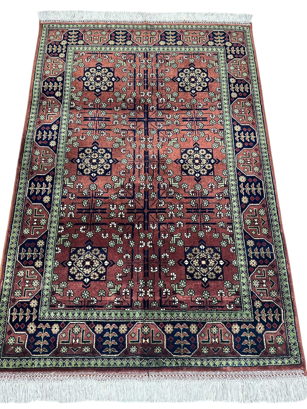 Afghan Bukhara Rug 3'4" x 4'11", Hand-Knotted Wool, Brown, view 2