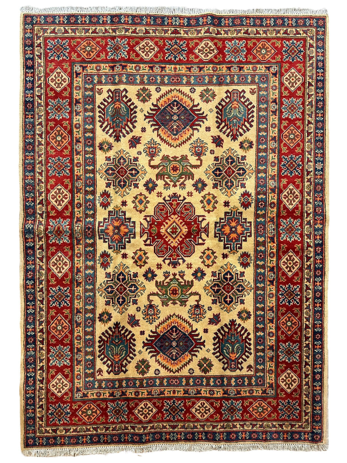 Afghan Kazak Rug 5x7, Gold, Red & Navy, Hand-Knotted Wool