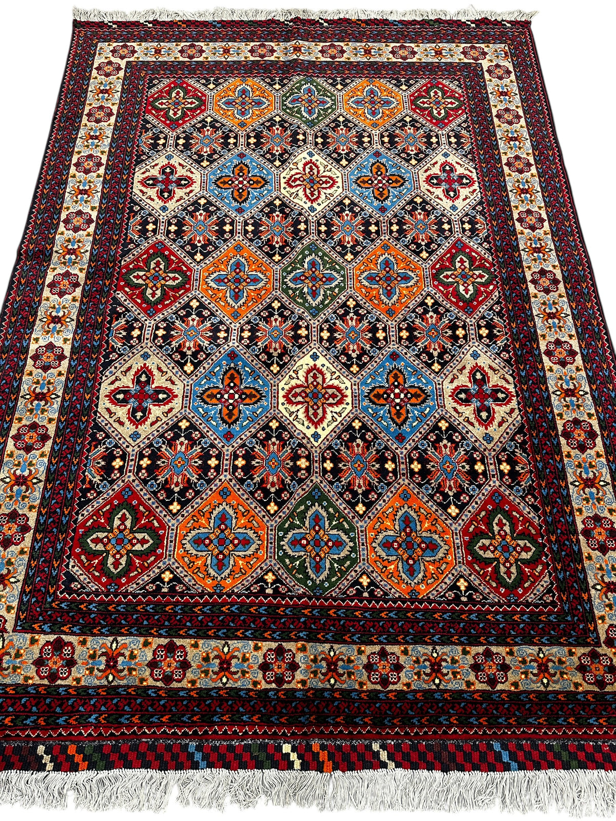Afghan Kashi Rug 4'9" x 6'7", Hand-Knotted Wool, Blue, Cream & Red, view 2