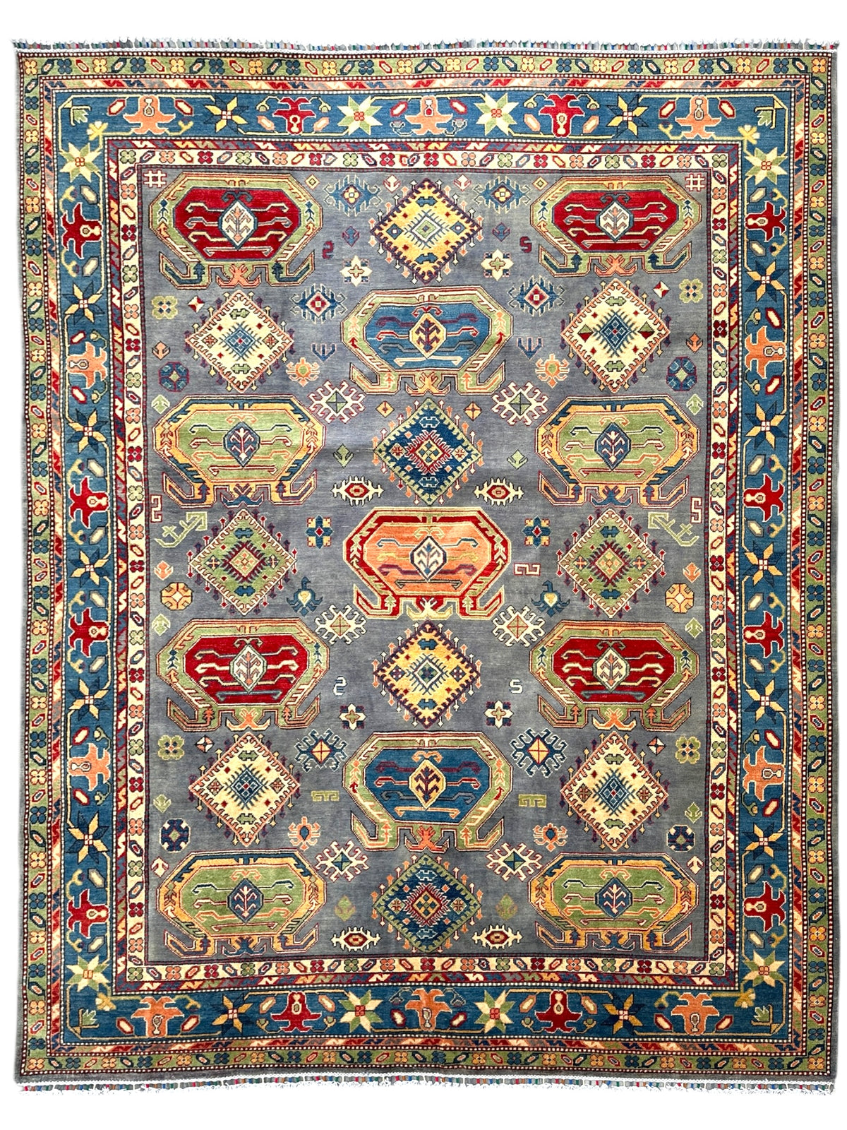 Afghan Kazak Rug 8'3" x 10'8", Hand-Knotted Wool, Navy, Red & Green
