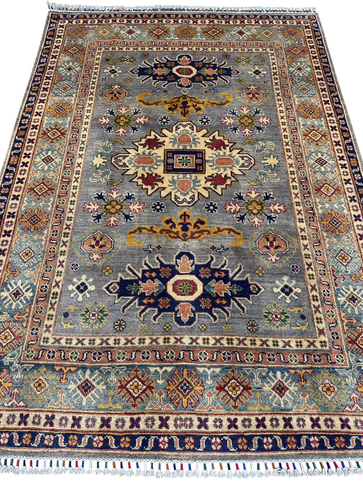 Afghan Kazak Rug 4'11" x 6'11", Hand-Knotted Wool, Gray, Navy & Ivory, view 2
