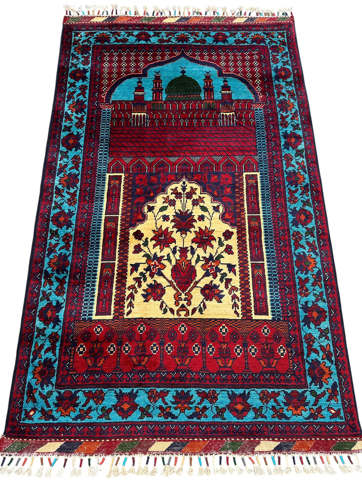 Afghan Prayer Rug 2'9" x 4'3", Hand-Knotted Wool, Red, Blue & Ivory, view 2