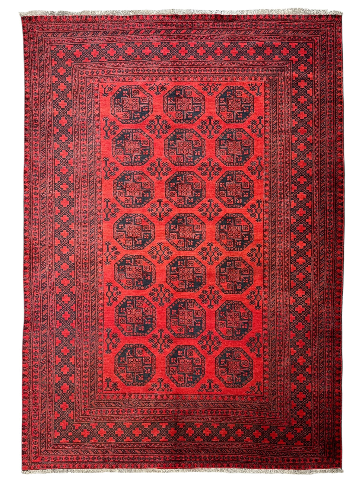 Afghan Bukhara Rug 6'5" x 9'1", Hand-Knotted Wool, Red & Blue