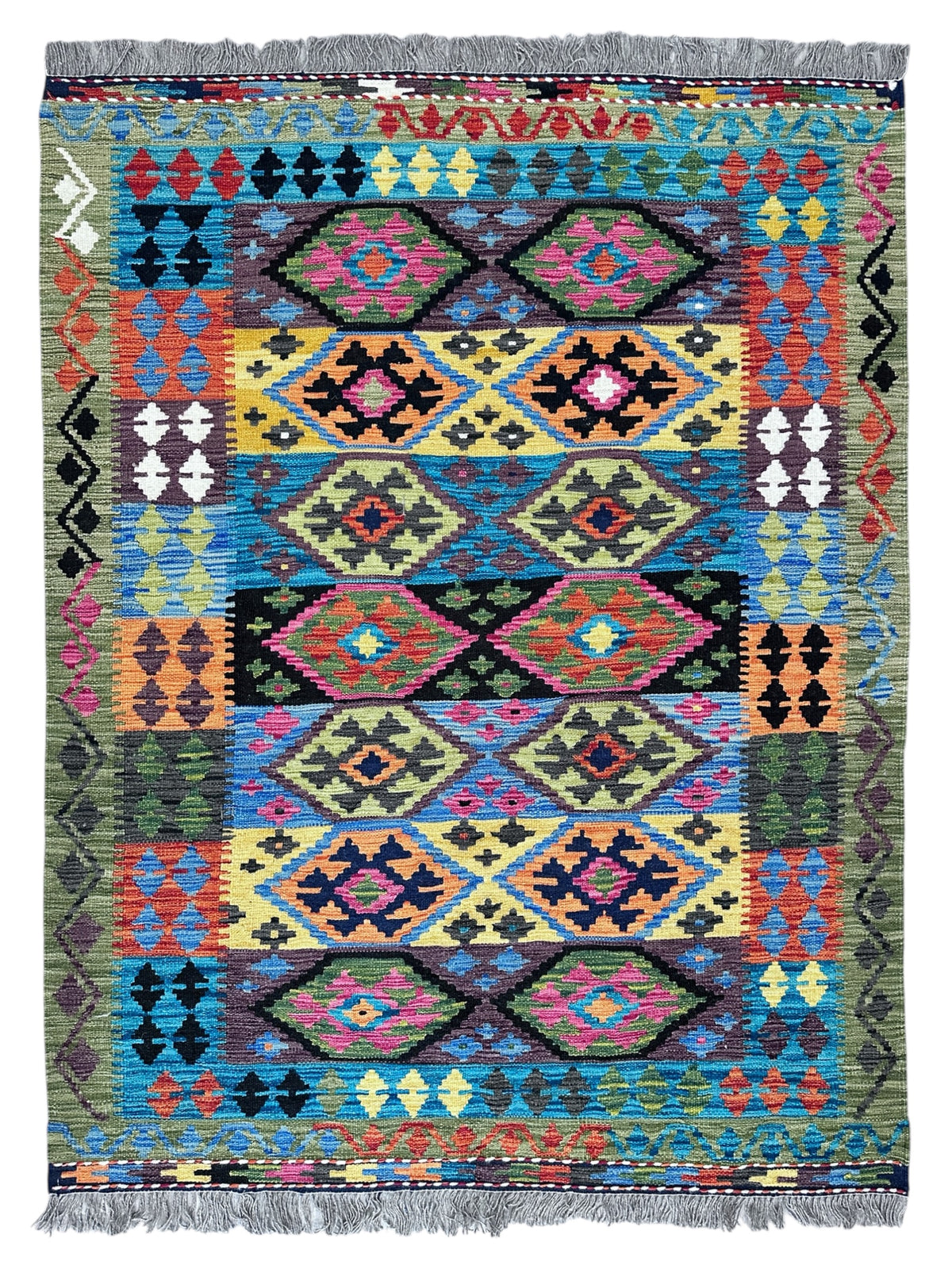 Afghan Kilim Rug 5x7, Teal, Black & Yellow, Hand-Woven Wool Flatweave