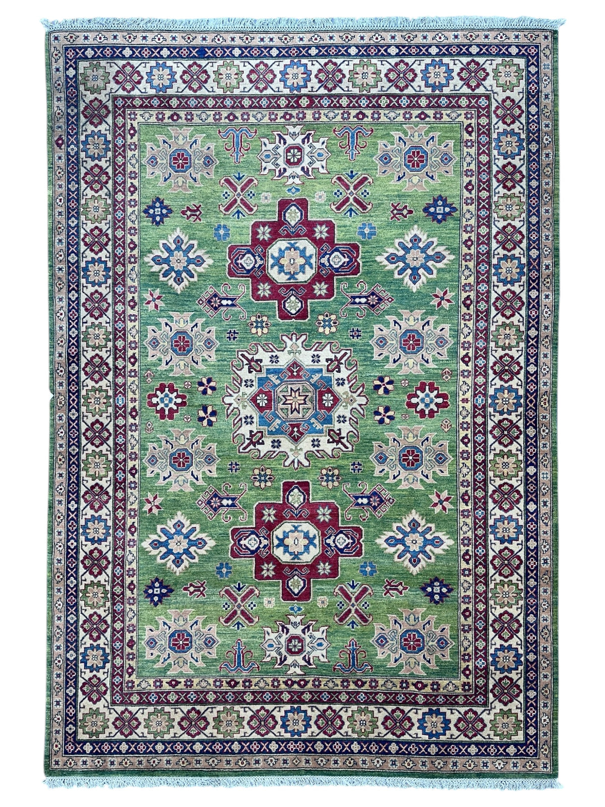 Afghan Kazak Rug 6'7" x 9'9", Hand-Knotted Wool, Cream & Green