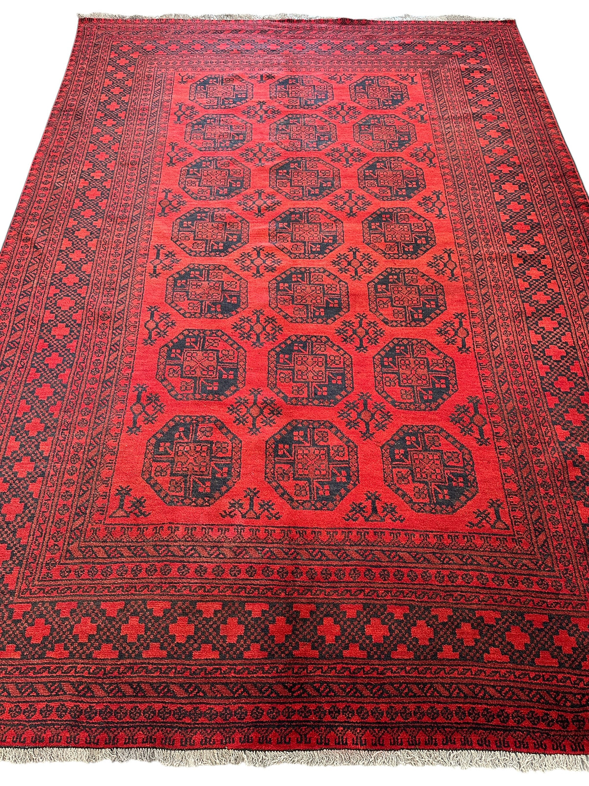 Afghan Bukhara Rug 6'5" x 9'1", Hand-Knotted Wool, Red & Blue, view 2