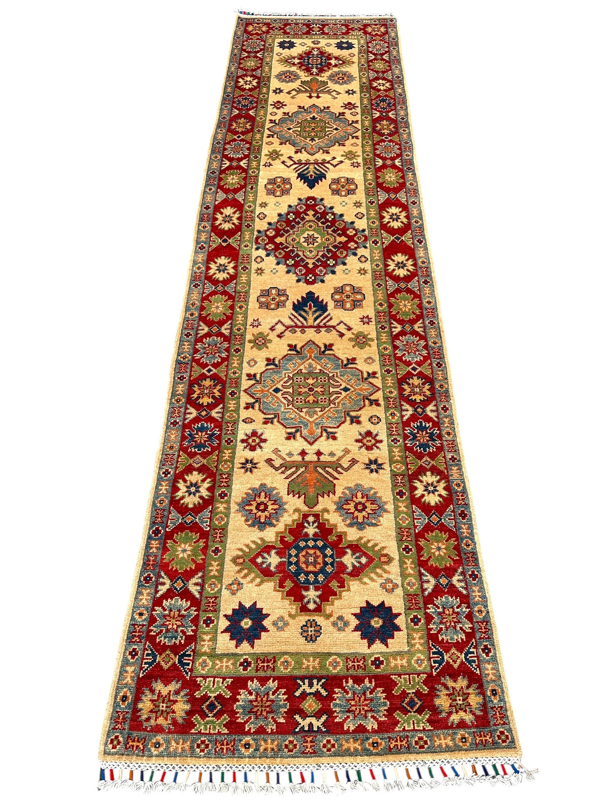 Afghan Kazak Runner 2'7" x 10'1", Hand-Knotted Wool, Cream, Red & Blue, view 2