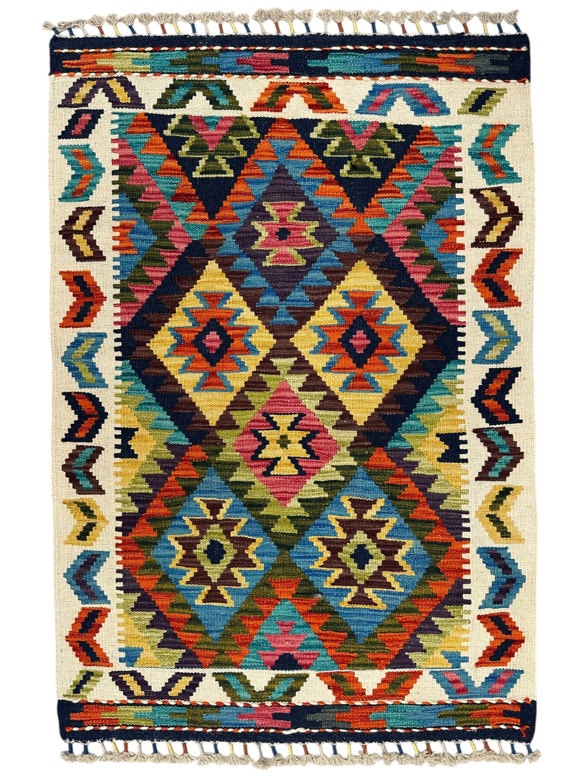 Afghan Kilim Rug 3x4, Ivory, Navy & Teal, Hand-Woven Wool Flatweave