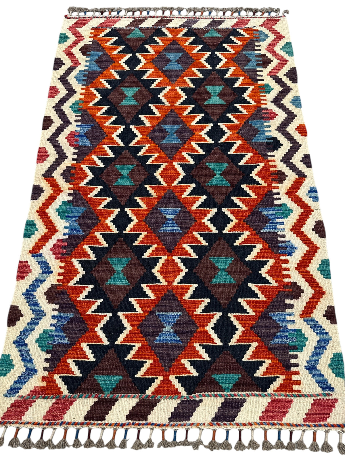 Afghan Kilim Rug 3x4, Rust, Navy & Ivory, Diamond Lattice Wool Flatweave, Blue Accents, view 2