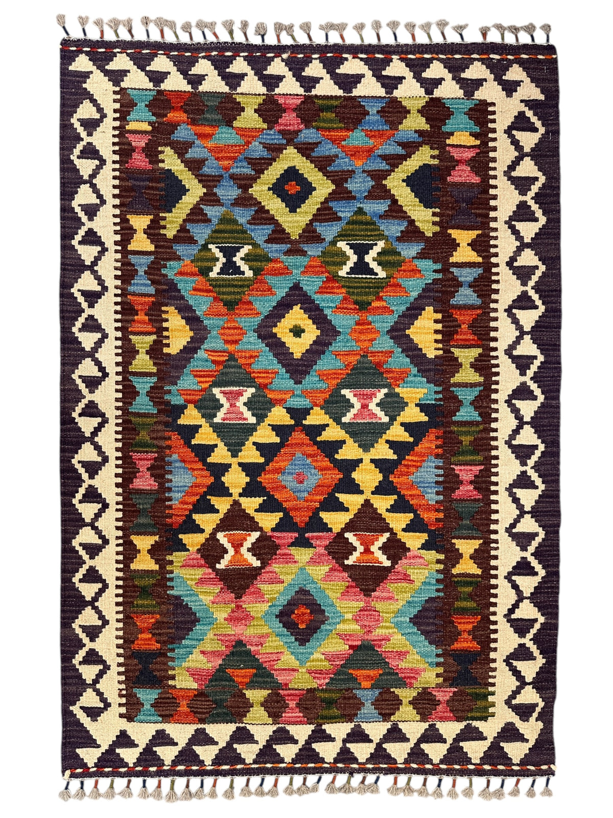 Afghan Kilim Rug 3x4, Black, Ivory & Blue, Hand-Woven Wool Flatweave