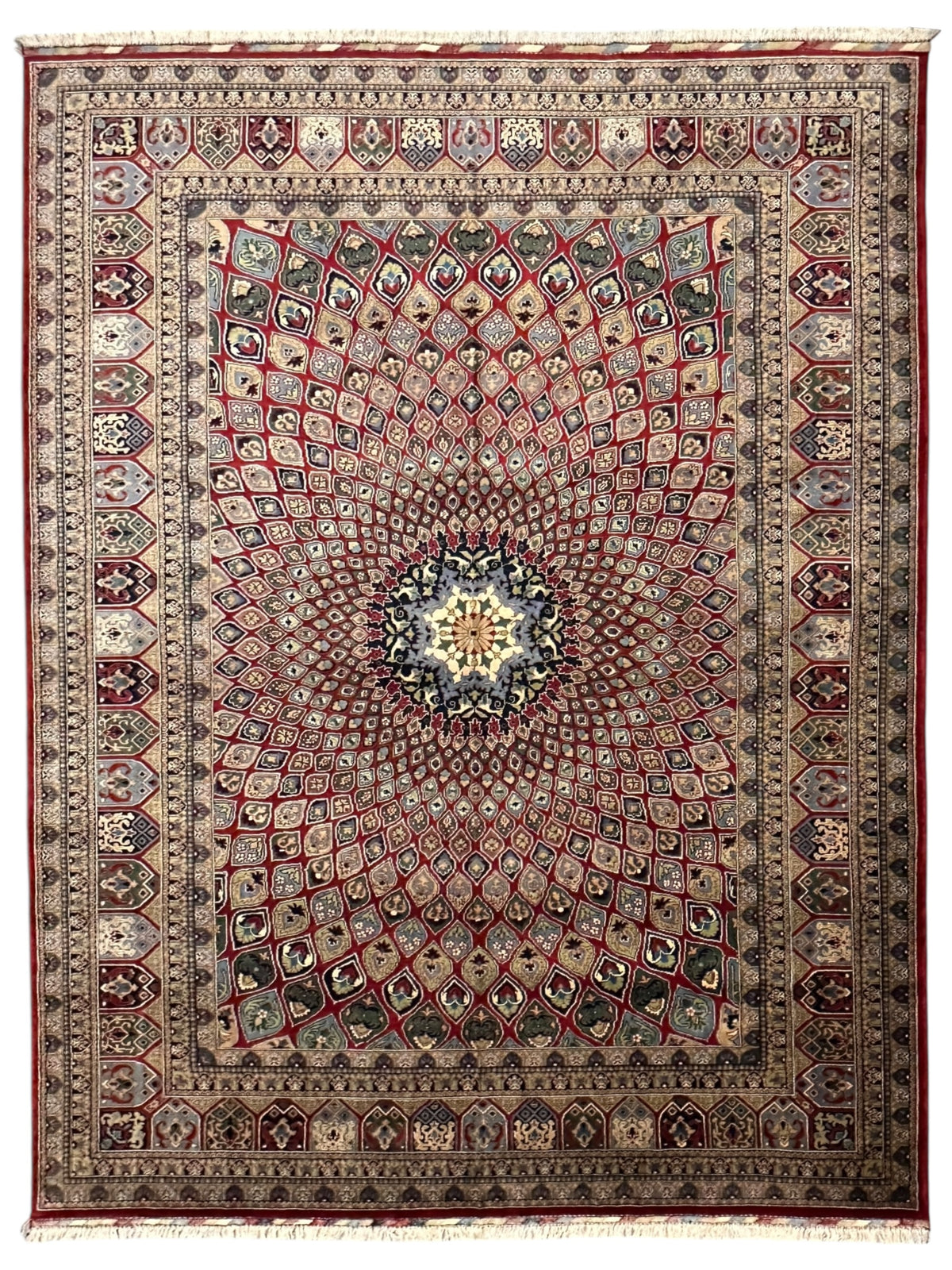 Afghan Rug 8x11, Red, Beige & Light Blue, Hand-Knotted Wool