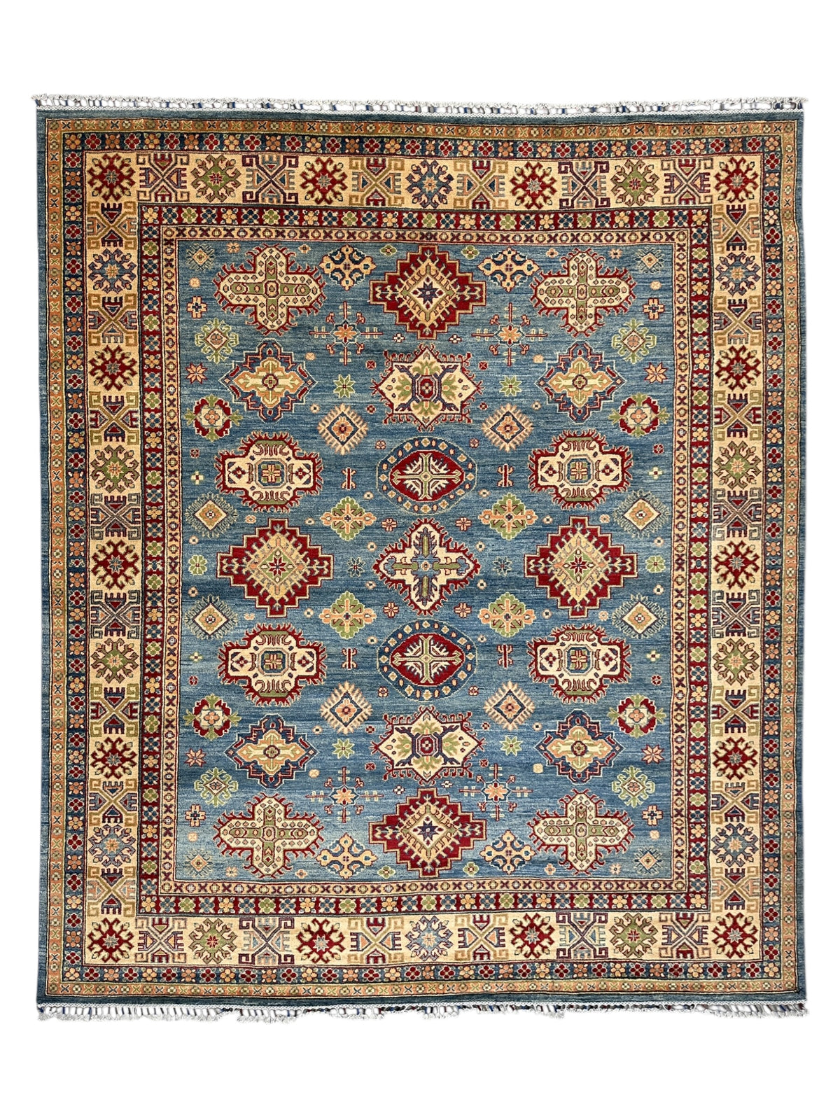 Afghan Kazak Rug 8'2" x 9'10", Hand-Knotted Wool, Blue, Cream & Red