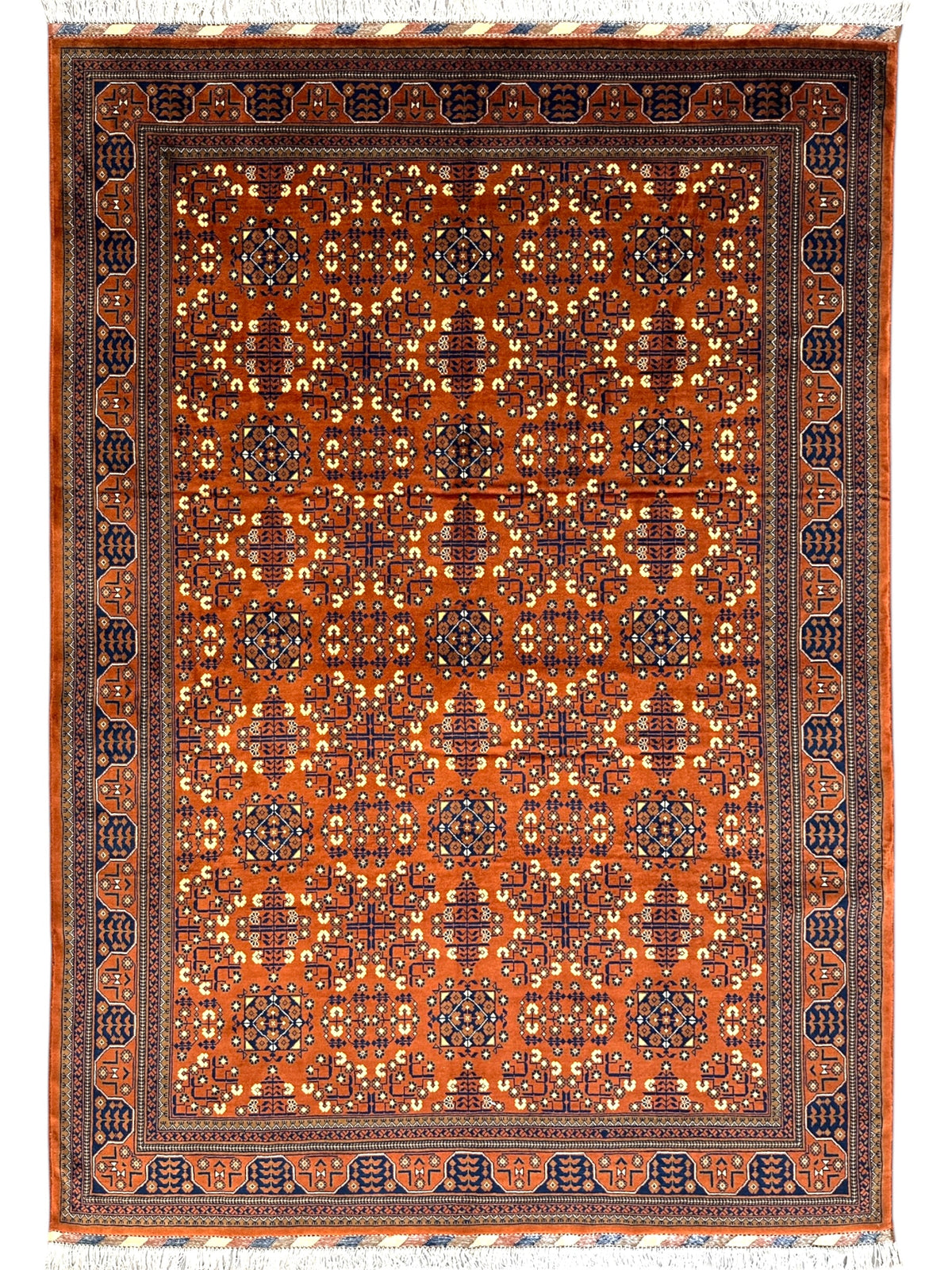 Afghan Turkmen Rug 7x10, Orange, Navy & Ivory, Hand-Knotted Wool