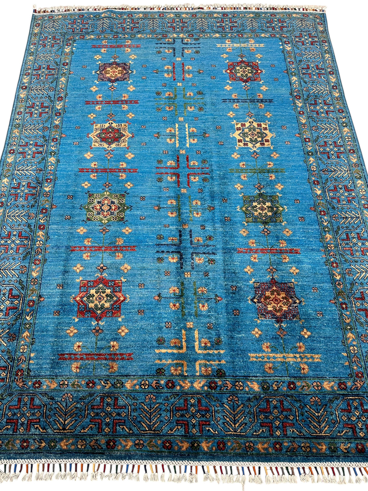 Afghan Chobi Rug 4'10" x 6'7", Hand-Knotted Wool, Blue, Red & Green, view 2