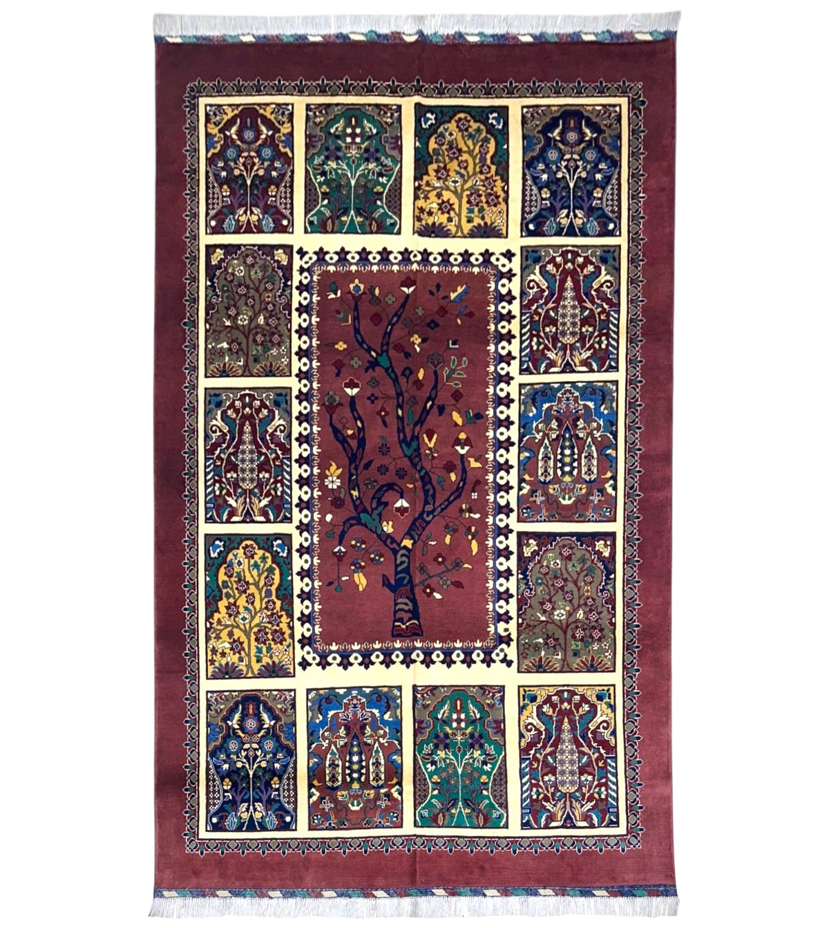 Afghan Rug 7x10, Burgundy, Ivory & Navy, Hand-Knotted Wool