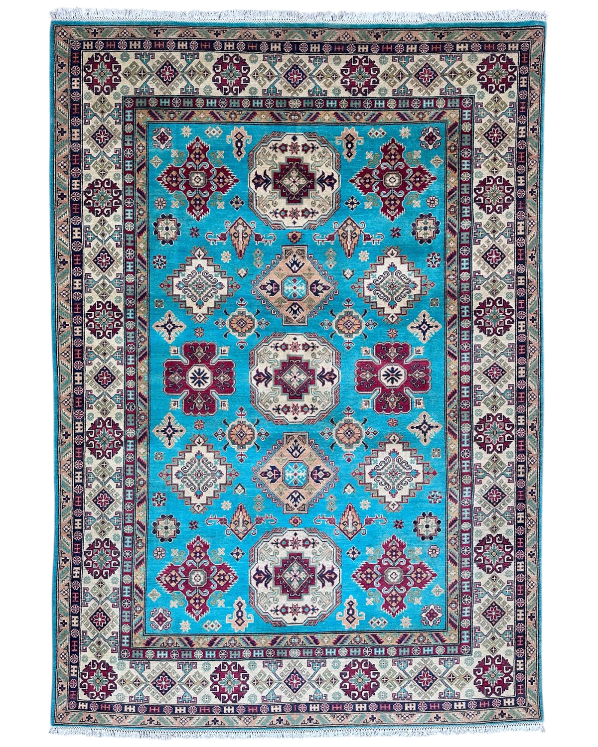 Afghan Kazak Rug 6'7" x 9'9", Hand-Knotted Wool, Blue, Red & Beige