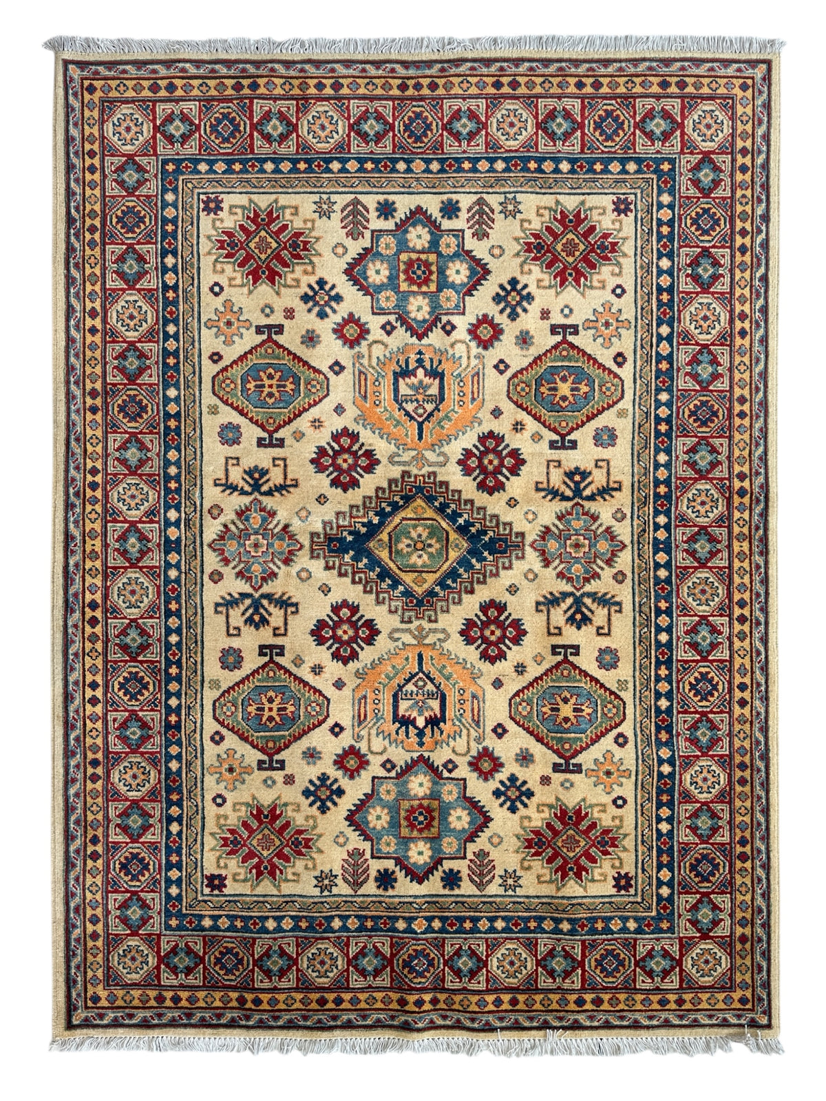 Afghan Super Kazak Rug 4'11" x 6'11", Hand-Knotted Wool, Red & Beige
