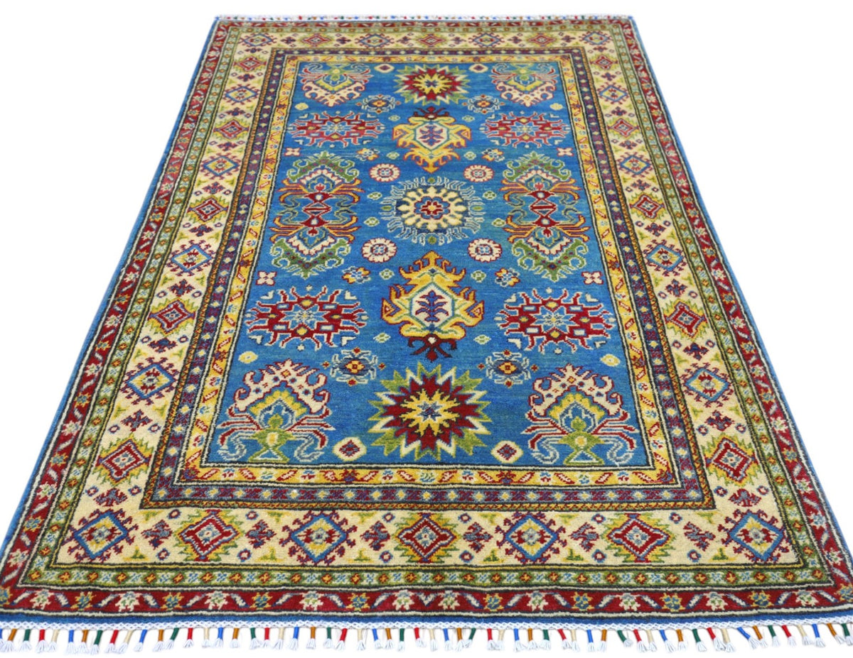 Afghan Kazak Tribal Rug 4x6, Light Blue, Gold, Red & Green, Hand-Knotted Wool, view 2