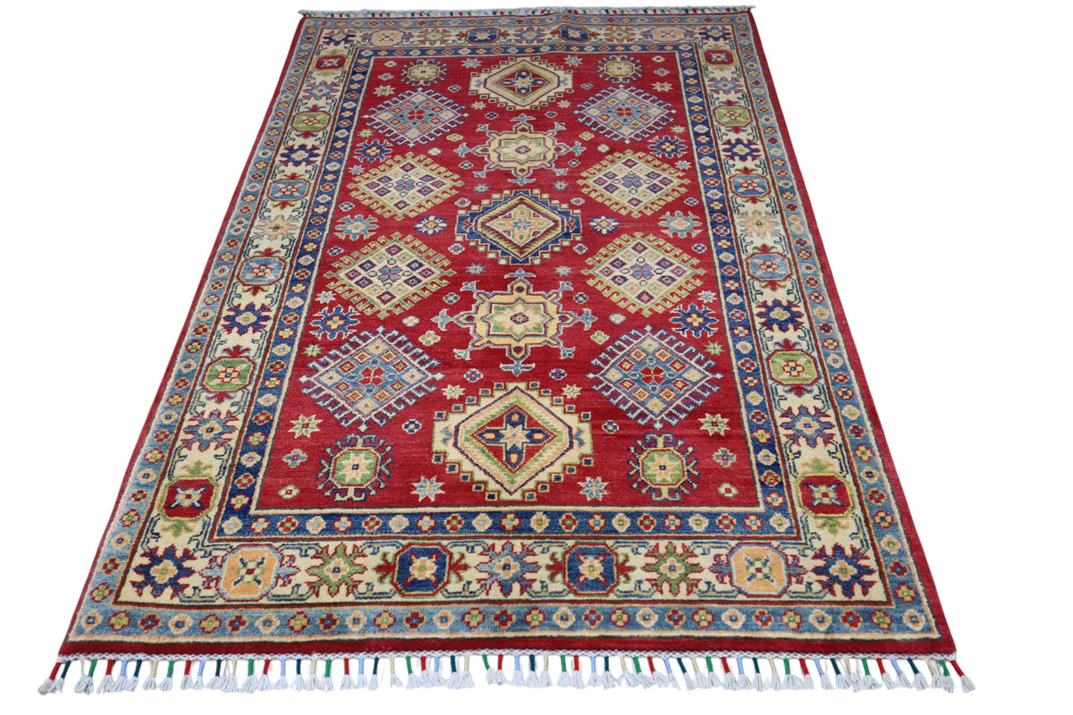 Afghan Kazak Rug 3'10" x 6', Hand-Knotted Wool, Red, view 2