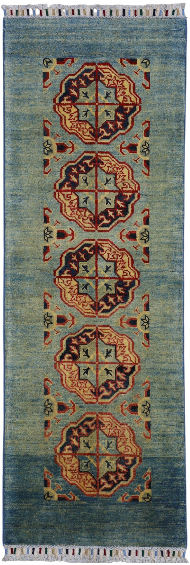 Afghan Kazak Runner 2'1" x 5'7", Hand-Knotted Wool, Green