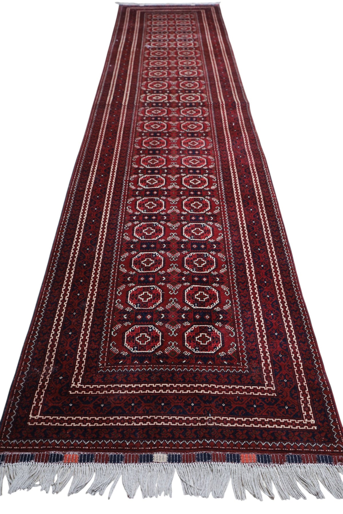 Afghan Bukhara Runner 2'11" x 12'8", Hand-Knotted Wool, Red