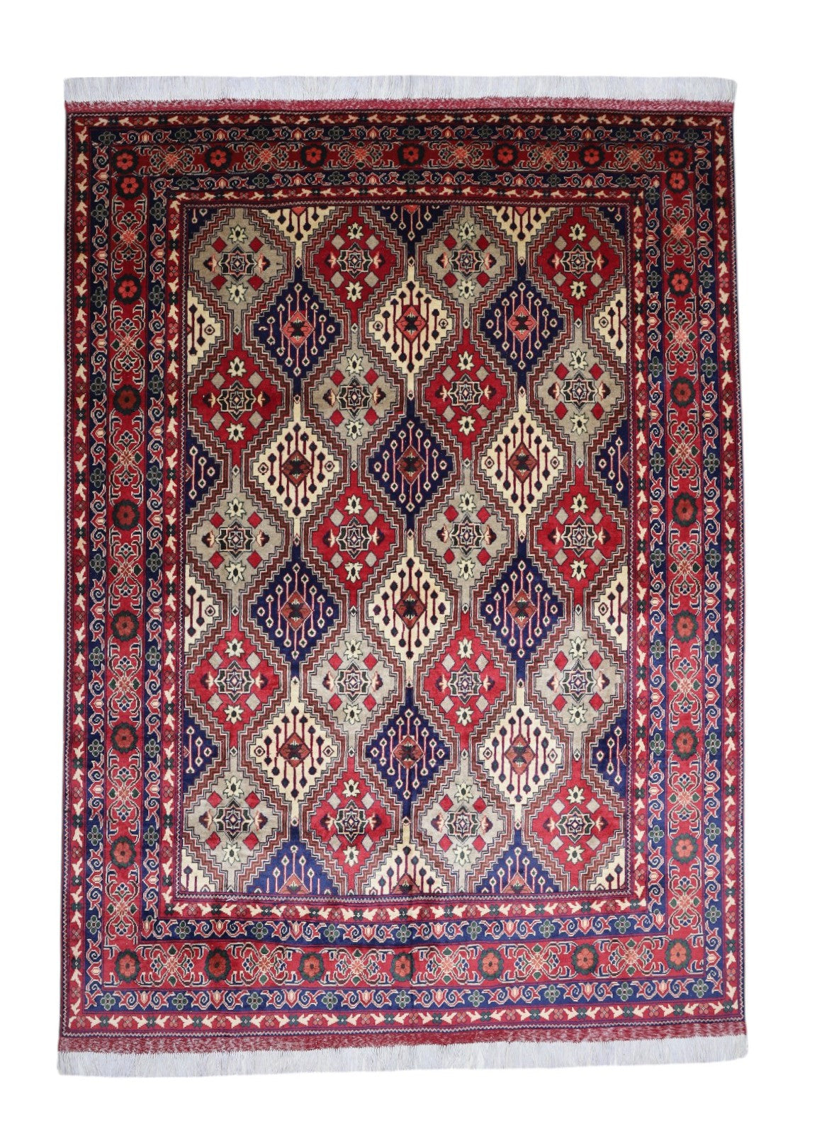 Afghan Rug 7x9, Red, Ivory & Navy, Hand-Knotted Wool