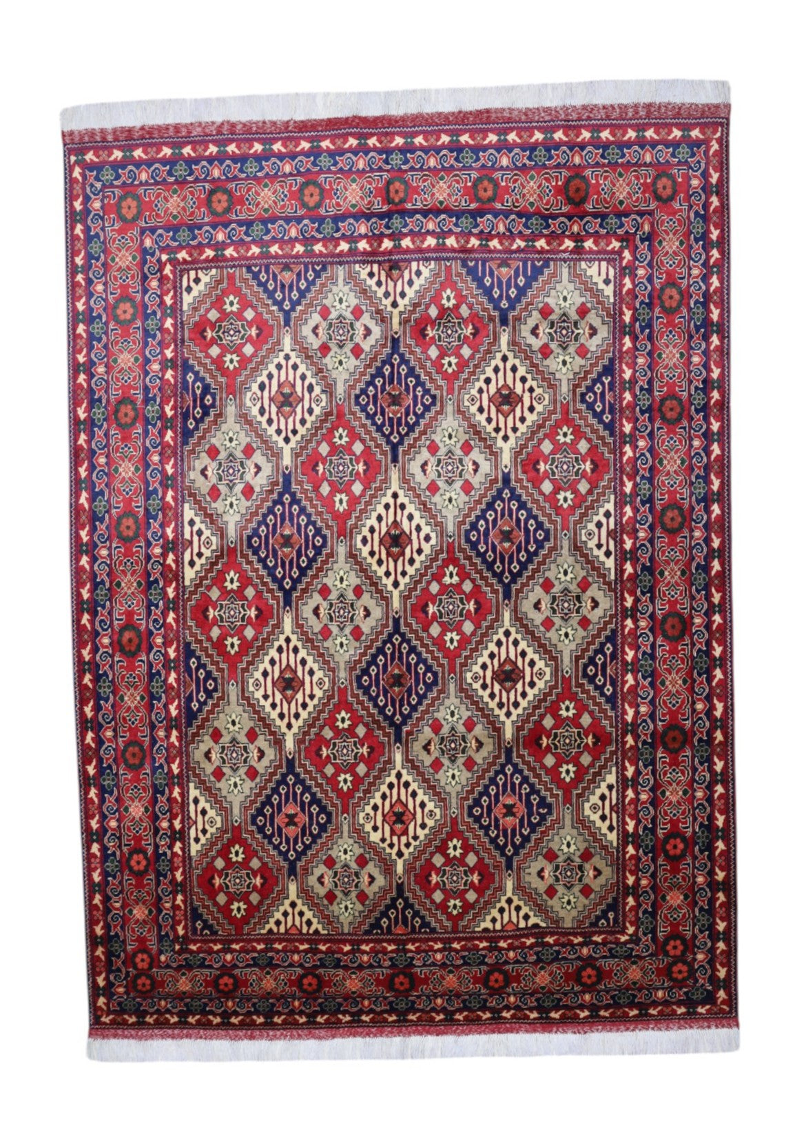 Afghan Rug 7x9, Red, Ivory & Navy, Hand-Knotted Wool, view 2