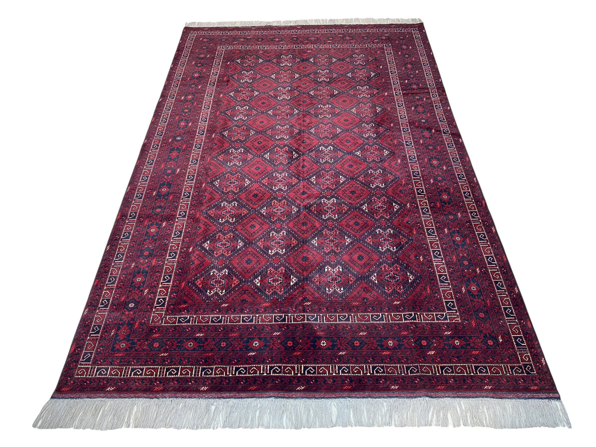 Afghan Rug 7x10, Burgundy, Red & Navy, Hand-Knotted Wool
