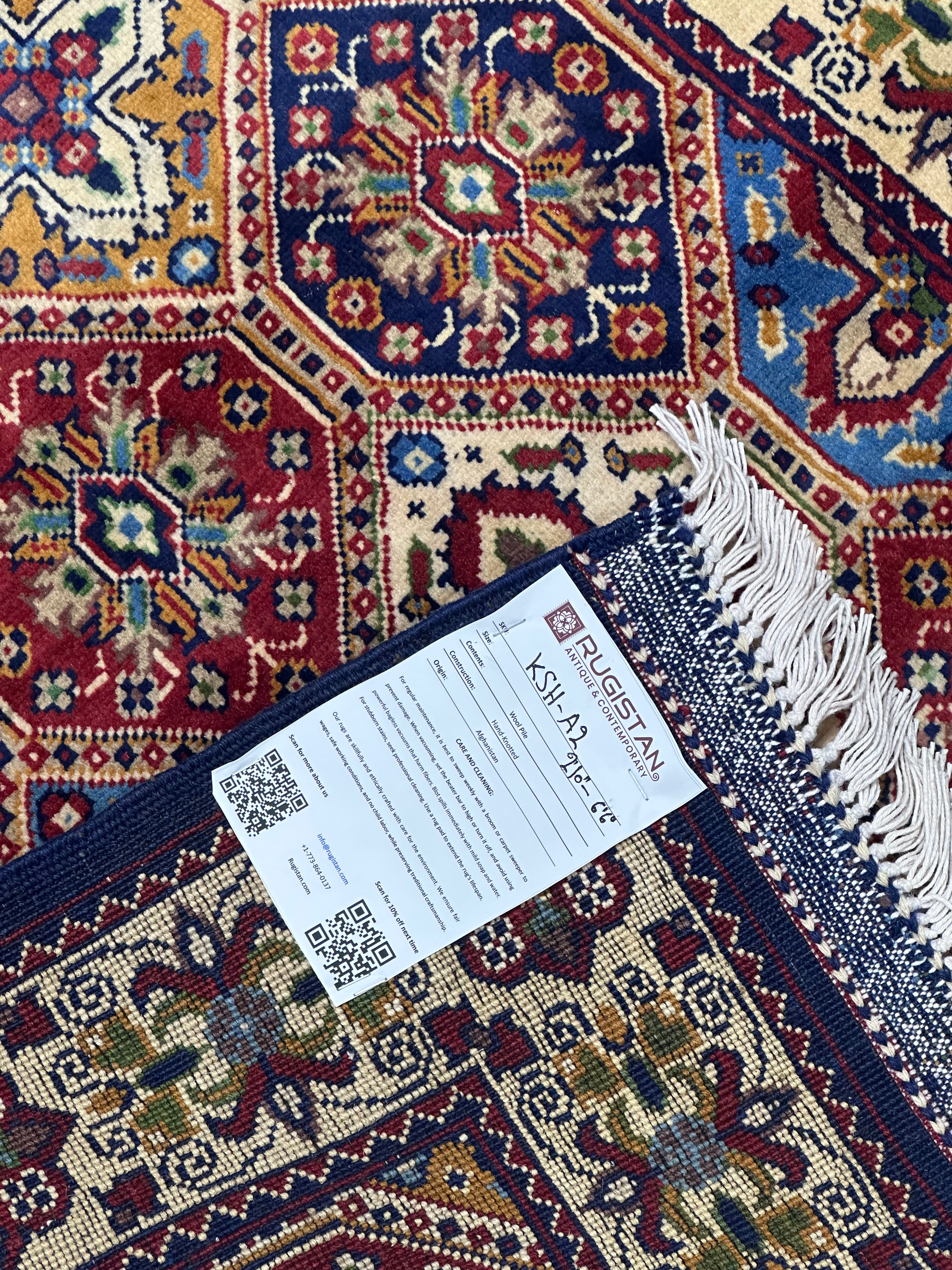 Afghan Kashi Runner 2'10" x 6'6", Hand-Knotted Wool, Cream & Blue