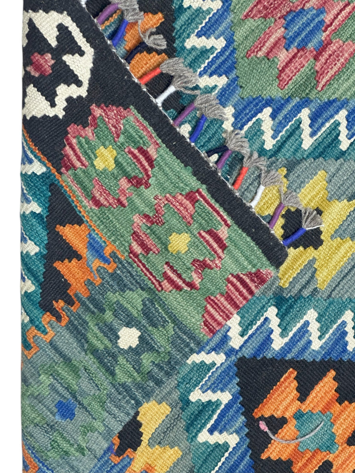 Afghan Kilim Rug 3x4, Green, Blue & Black, Hand-Woven Wool Flatweave, view 2