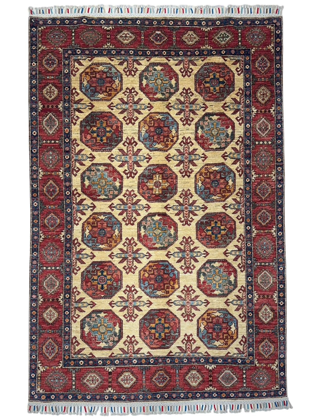 Afghan Bukhara Rug 4'10" x 6'9", Hand-Knotted Wool, Cream & Red