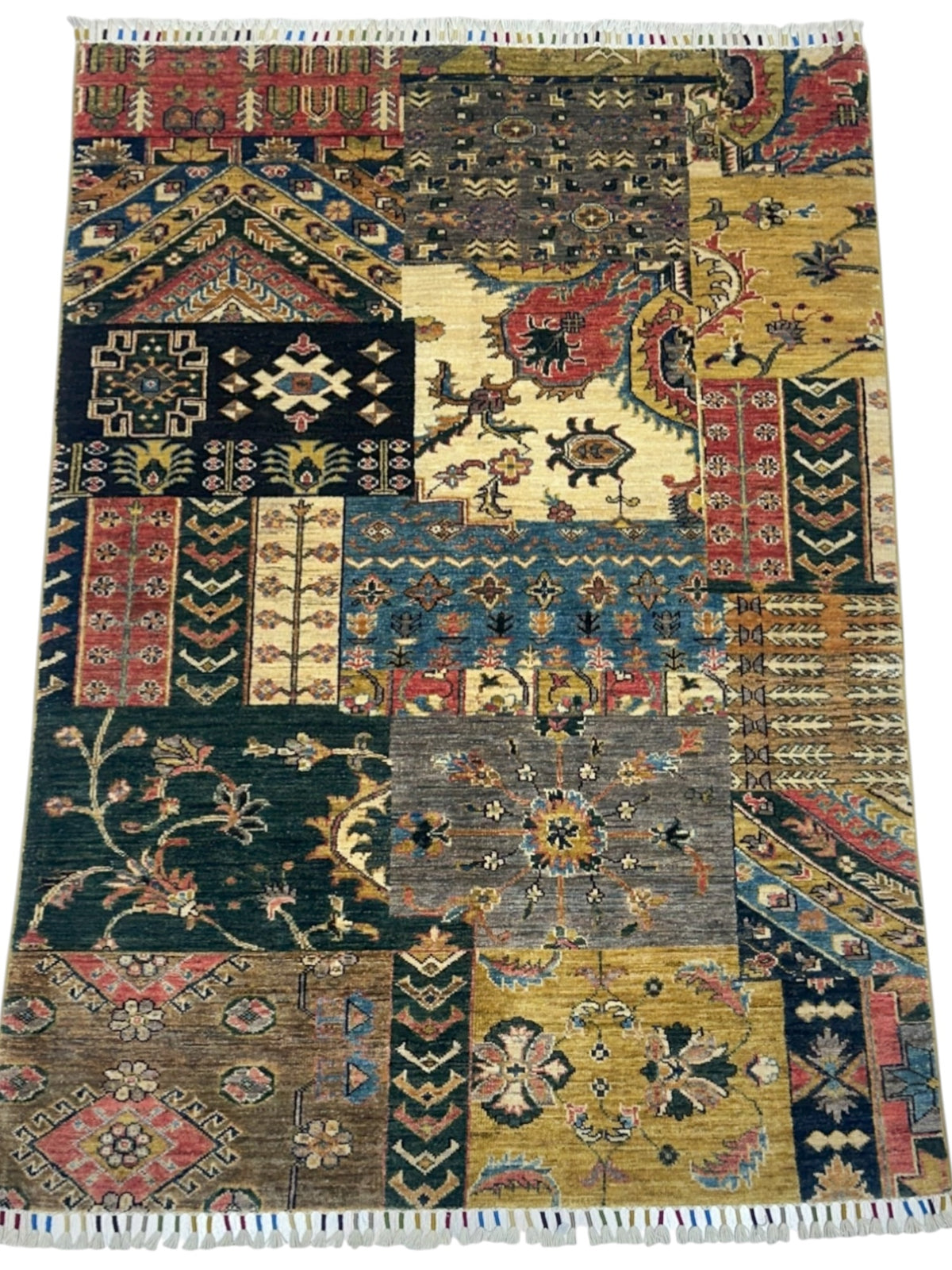 Afghan Rug 4x6, Gold, Green & Red, Hand-Knotted Wool, view 2