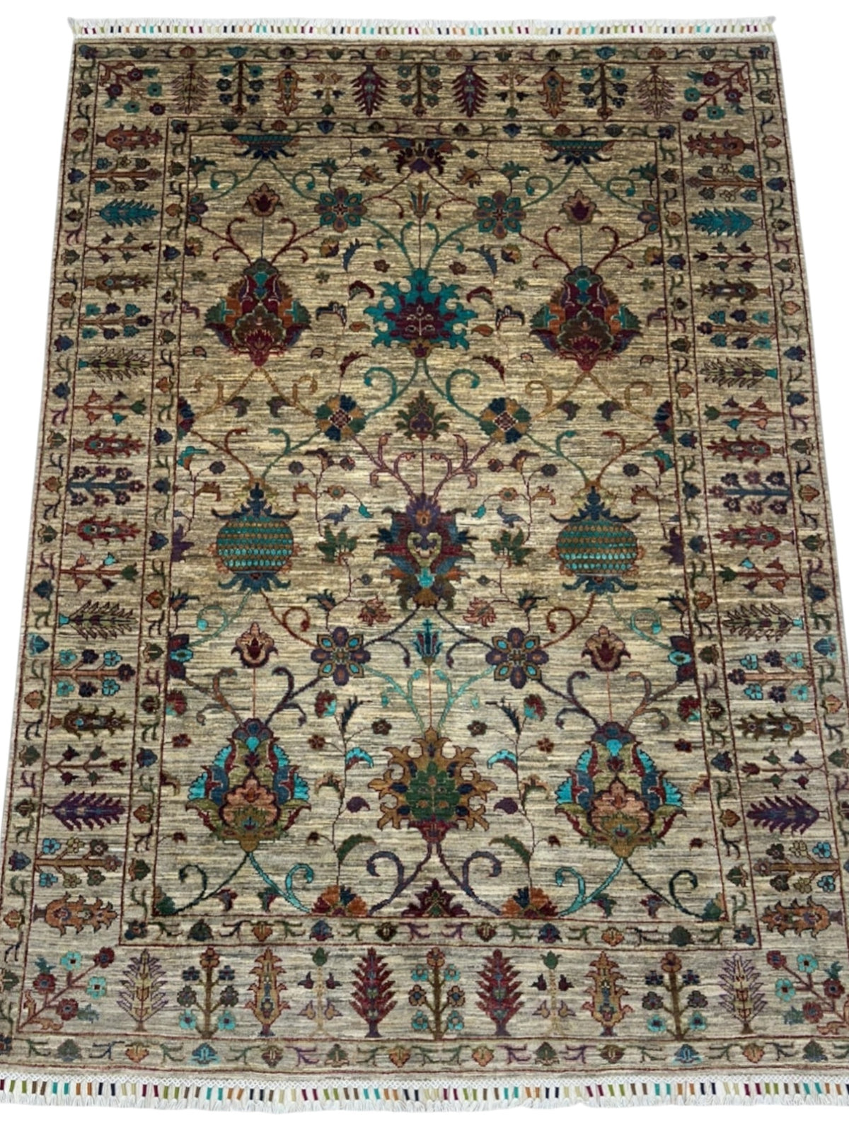 Afghan Kazak Sultani Rug 5'1" x 6'10", Hand-Knotted Wool, Cream, view 2