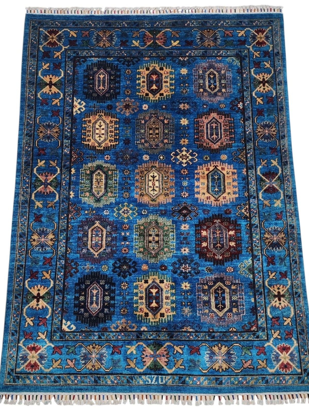 Afghan Kazak Rug 5x7, Blue, Gold & Navy, Hand-Knotted Wool, view 2