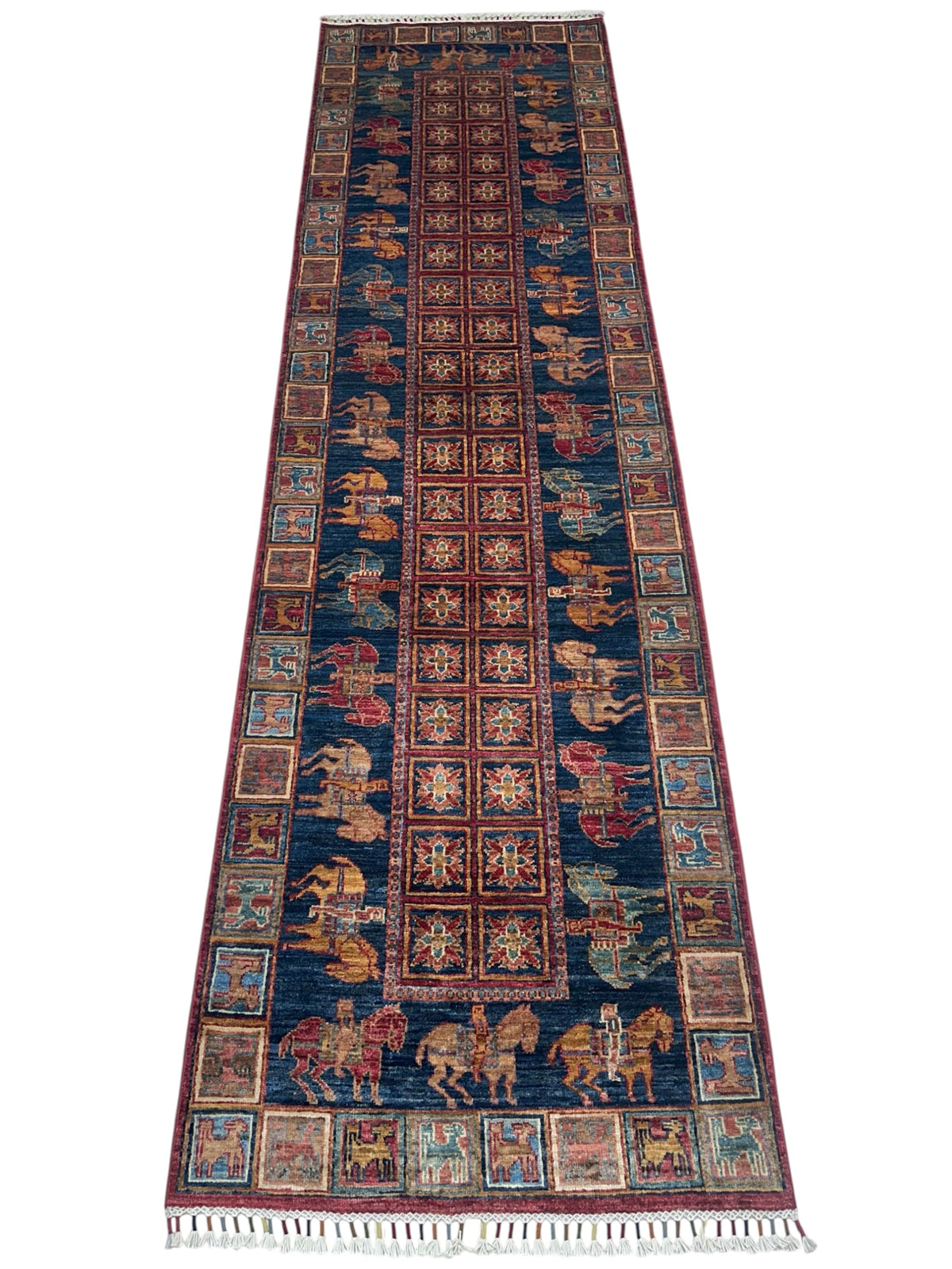 Afghan Chobi Runner 3x10, Red, Navy & Rust, Hand-Knotted Wool, view 2