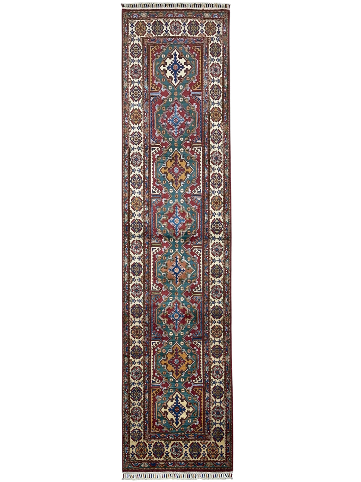Afghan Super Kazak Runner 2'11" x 10'6", Hand-Knotted Wool, Cream