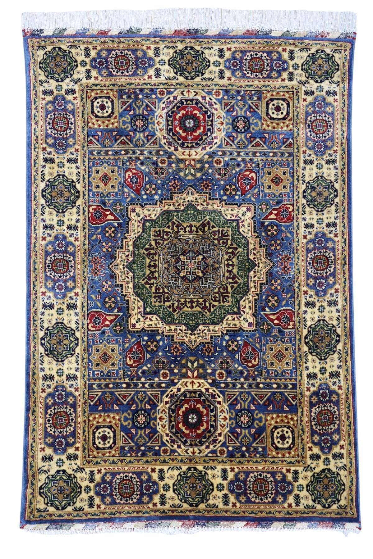 Afghan Mamluk Rug 4x5, Blue, Ivory & Gold, Hand-Knotted Wool