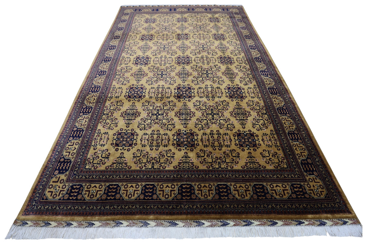 Afghan Turkmen Rug 7x10, Beige, Navy & Gold, Hand-Knotted Wool, view 2