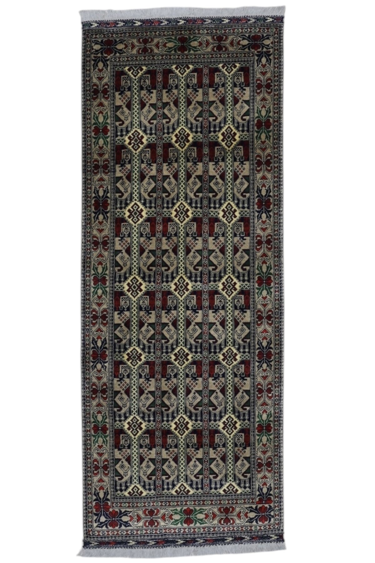 Afghan Runner 3x7, Gray, Beige & Burgundy, Hand-Knotted Wool