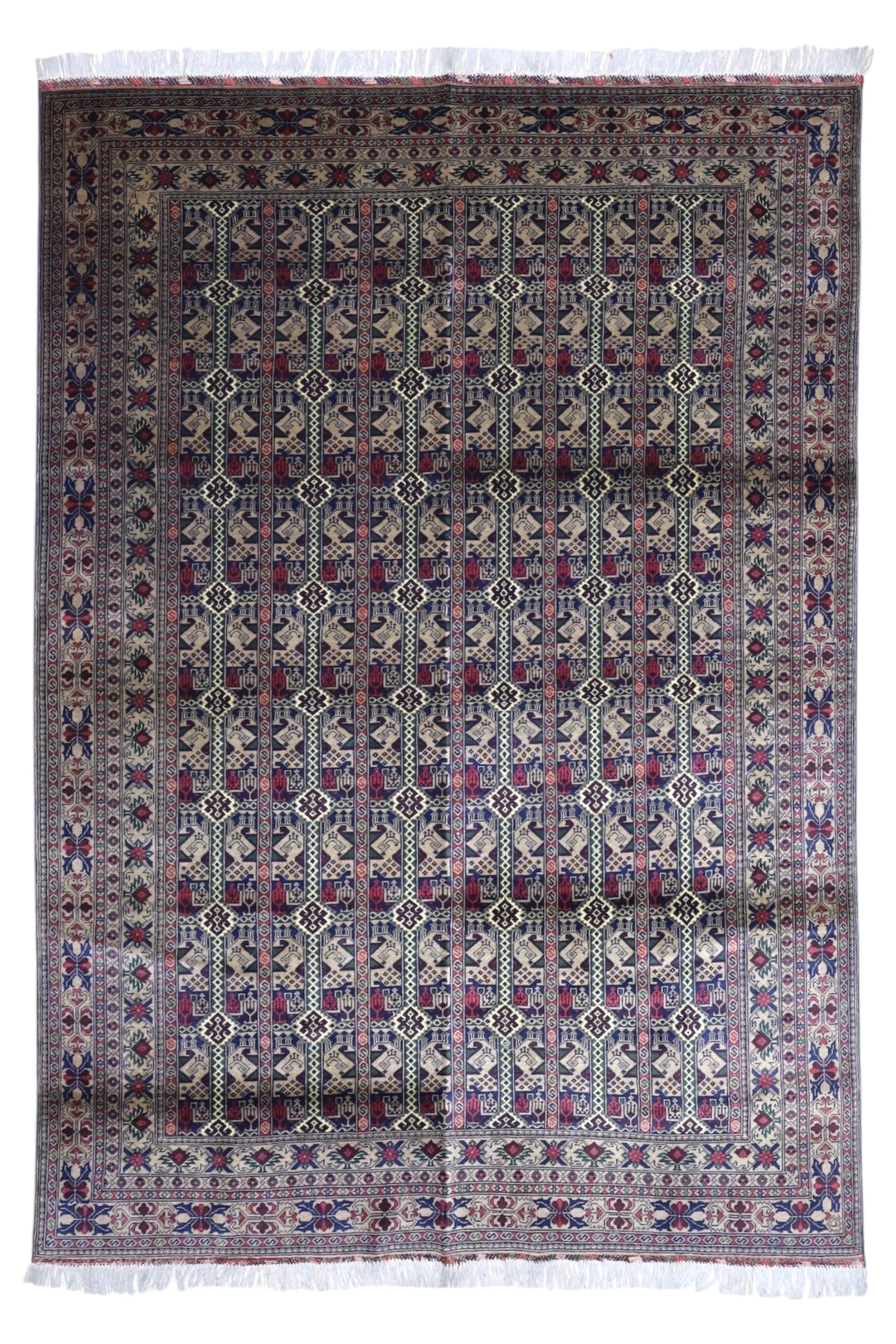 Afghan Rug 7x9, Gray, Navy & Burgundy, Hand-Knotted Wool