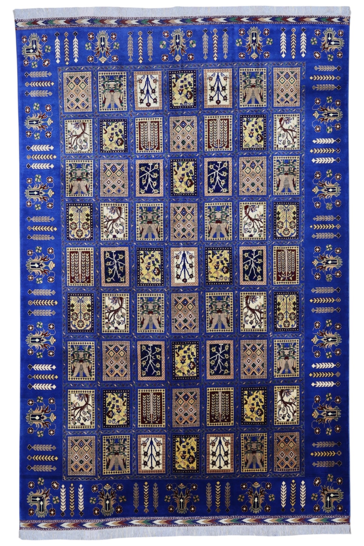 Afghan Bakhtiari Rug 7x10, Blue, Beige & Ivory, Hand-Knotted Wool