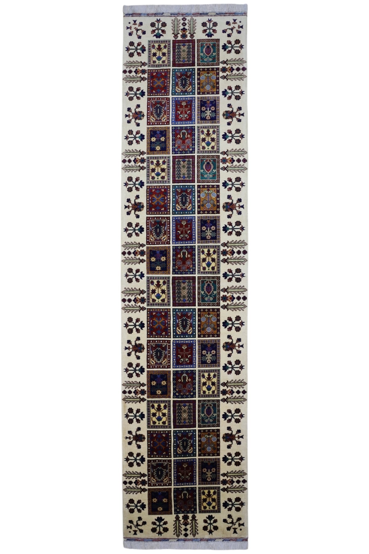 Afghan Bakhtiari Runner 3x13, Ivory, Burgundy & Navy, Hand-Knotted Wool